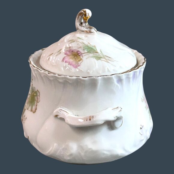 Antique Bavarian China Sugar Bowl Lid Hand Painted Floral Design Made In Germany - Picture 3 of 10